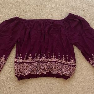 cropped off - the- shoulder purple lace top